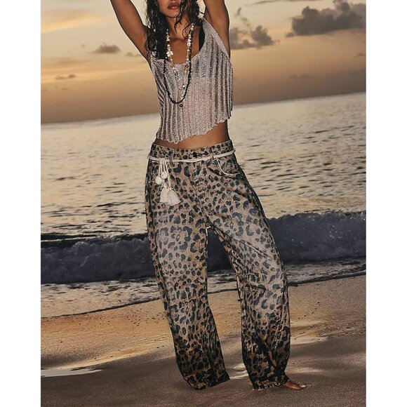 Leopard Print Wide Leg Denim Jeans for Women Casual Y2K Baggy Ankle Pants - Picture 5 of 6